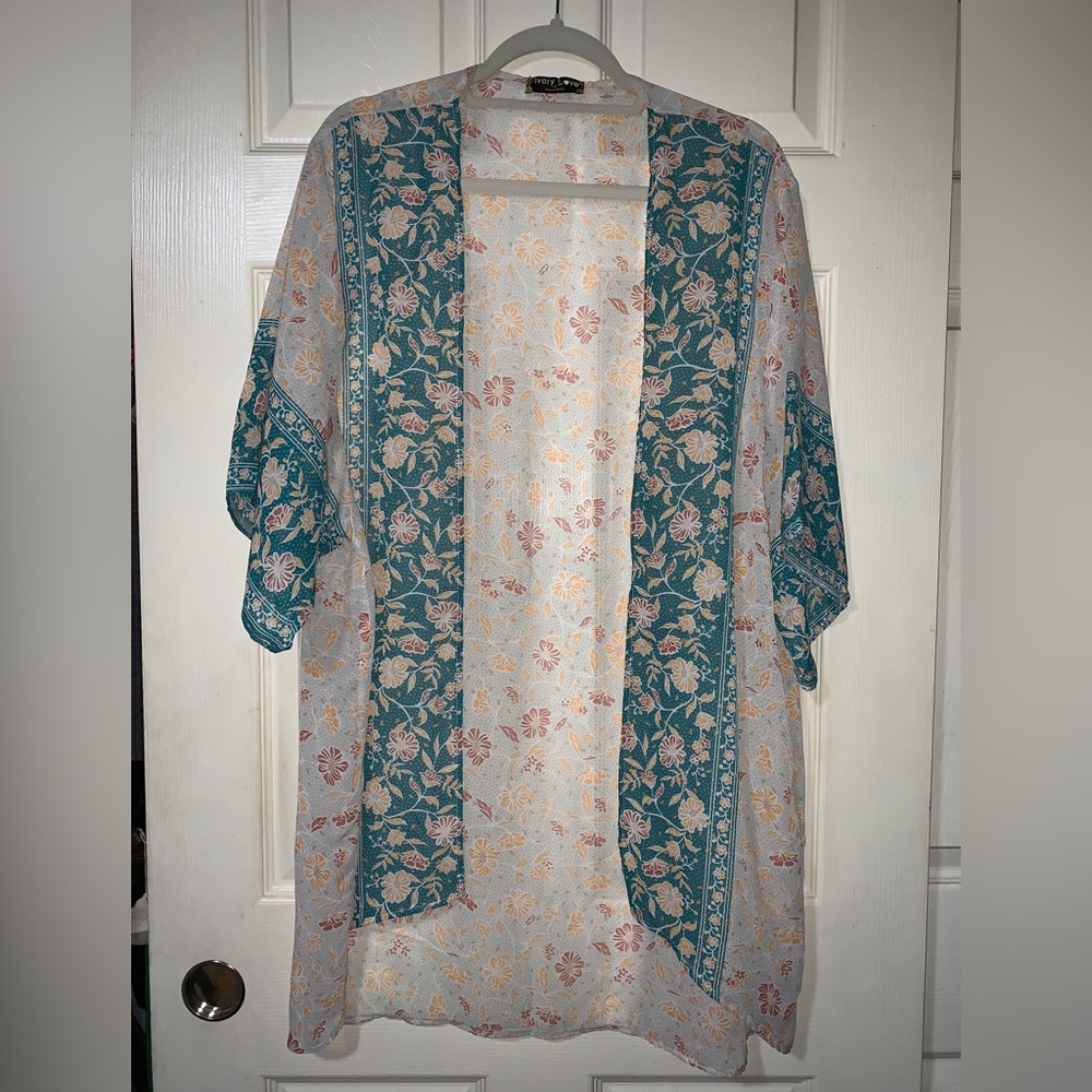Green and Tan floral chiffon duster